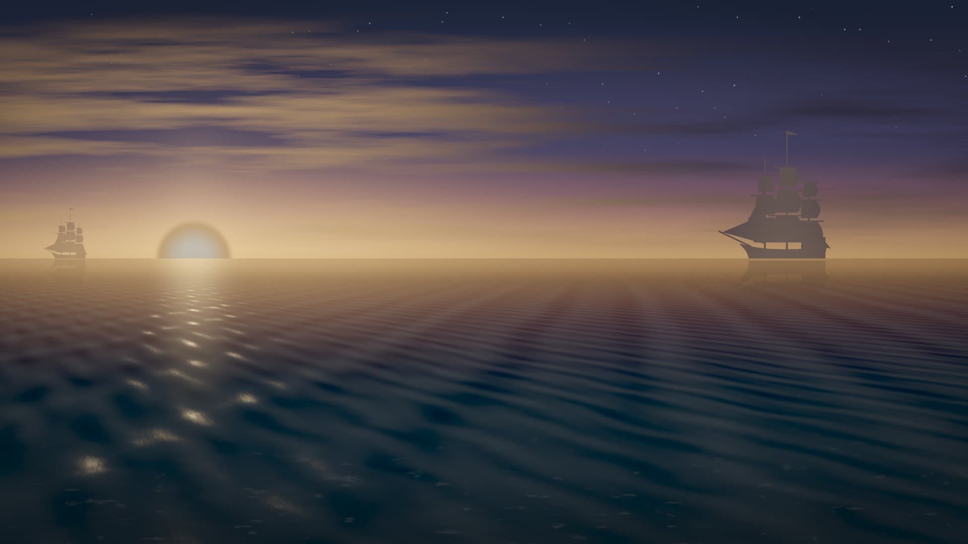 Two ships at dusk on the open sea of Navalorn
